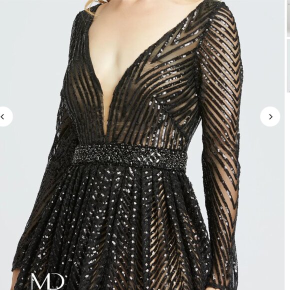 MAC DUGGAL 67103 LONG SLEEVE CHEVRON SEQUIN BLACK/NUDE GOWN sz 4 - Picture 3 of 5